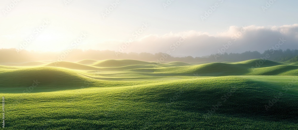 Obraz premium Serene Sunrise Over Rolling Green Hills with Misty Clouds in the Background Creating a Peaceful and Tranquil Landscape