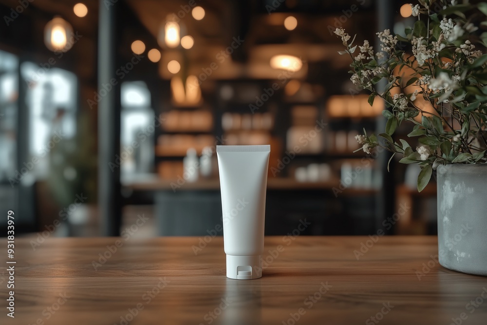 blank white cosmetic tubes on wooden table with cosmetics store background blank white cosmetic tubes on wooden table with cosmetics store background