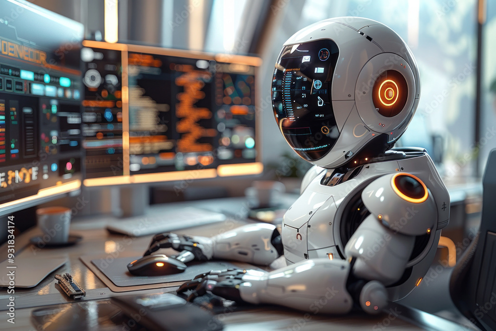 Fototapeta premium AI robot streamlines office tasks