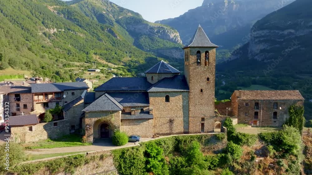 Spanish Pyrenees drone view, medieval Spanish village of Torla drone view, mountains in Spain, hiking and tourism in Ordesa and Monte Perdido National Park, Pyrenees