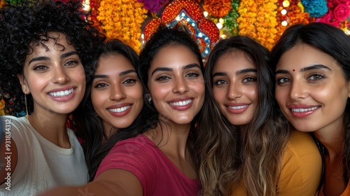 Group of joyful women smiling together in vibrant celebration, surrounded by colorful floral decorations.