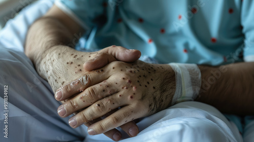 man's hands covered with rash, abscesses, wounds, pimples, monkeypox, smallpox, disease, hospital, treatment, person, people, skin, medicine, male, infection, virus, symptoms, enterovirus, parvovirus photo