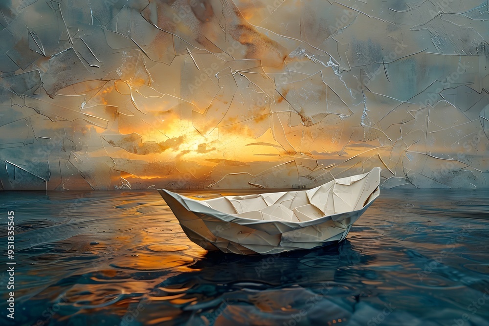 Fototapeta premium Tranquil Sunset with a Paper Boat on Reflective Water