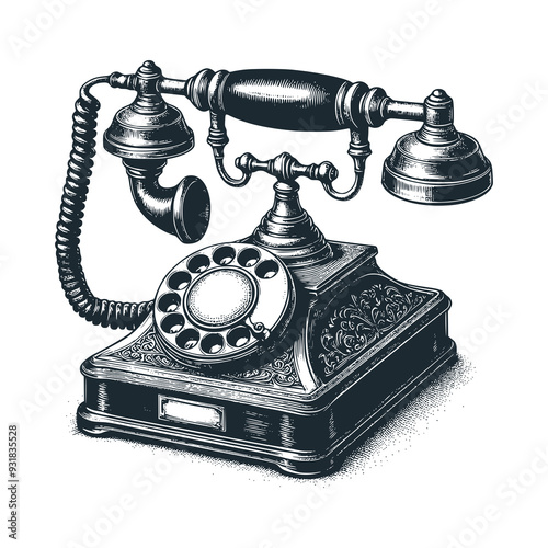 The vintage telephone. Come and take. Black white vector illustration. Logo and icon.
