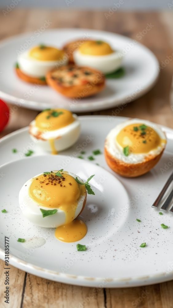 Close-up of a soft boiled egg with hollandaise sauce Close-up of a soft boiled egg with hollandaise sauce