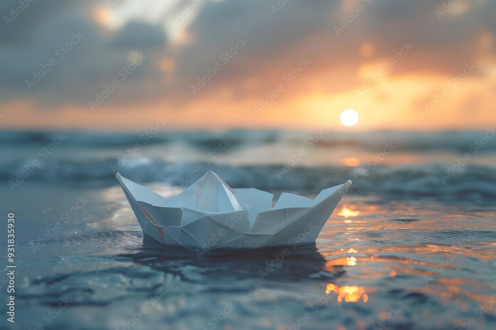 Obraz premium Serene Sunset with a Paper Boat Floating on Calm Waters