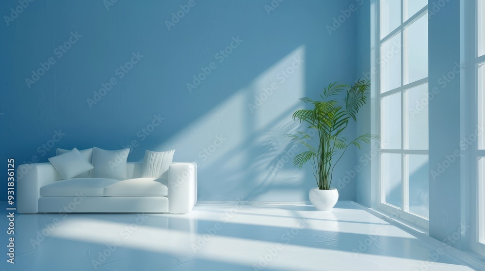 A spacious minimalist living room showcases a white couch and a green plant by bright windows, inviting natural light A spacious minimalist living room showcases a white couch and a green plant by bright windows, inviting natural light