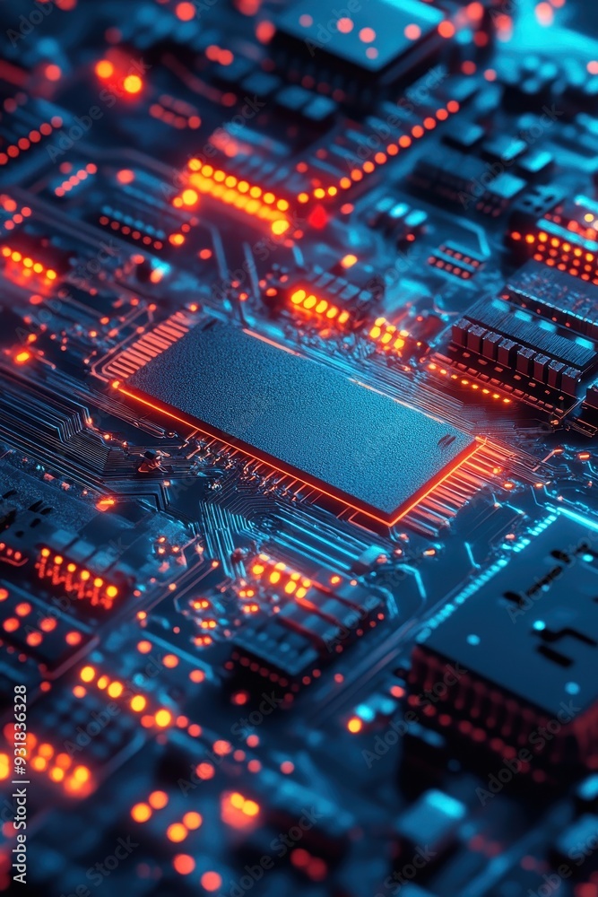 Close-up of a Modern Microchip on a Circuit Board with Glowing Red and Blue Lights Close-up of a Modern Microchip on a Circuit Board with Glowing Red and Blue Lights