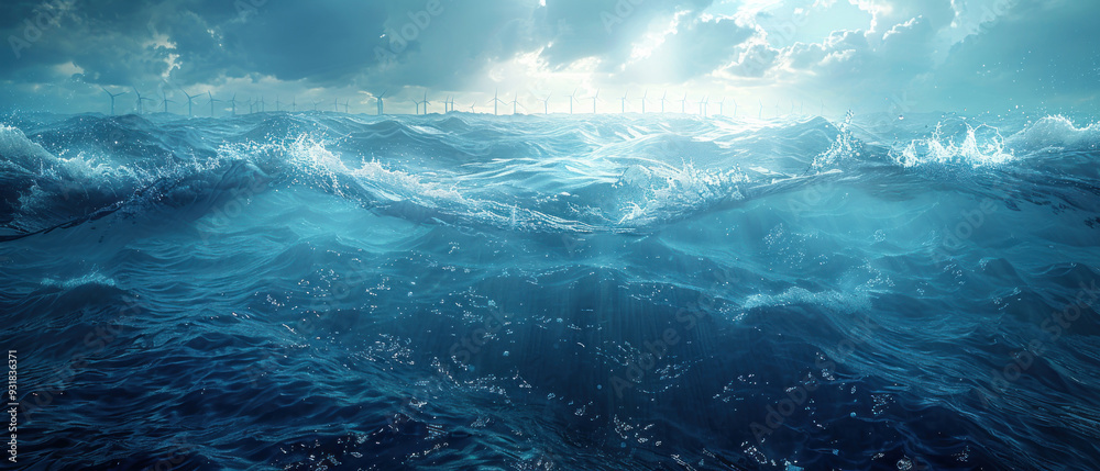 Fototapeta premium Wind turbine rising from ocean waves