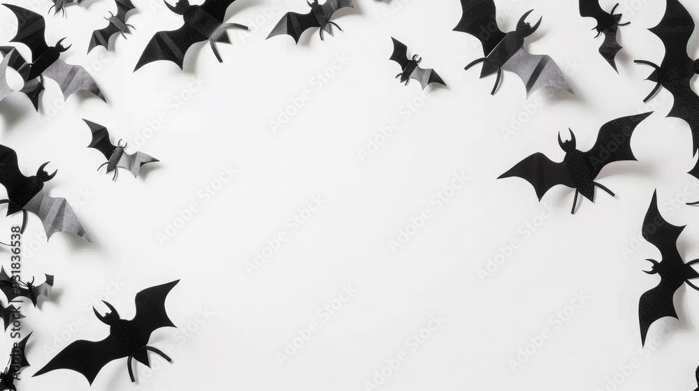 Fototapeta premium A Spooky and Creative Halloween Decorations Concept Featuring Black Spiders and Bats on a Crisp White Background, Perfect for Capturing the Spirit of the Season in a Flat Lay Design.
