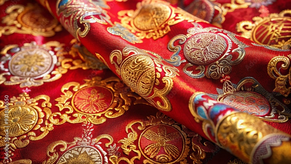Imperial Brocade: Opulent, intricately woven fabric with metallic threads and auspicious symbols, embodying traditional Chinese grandeur. Imperial Brocade: Opulent, intricately woven fabric with metallic threads and auspicious symbols, embodying traditional Chinese grandeur.
