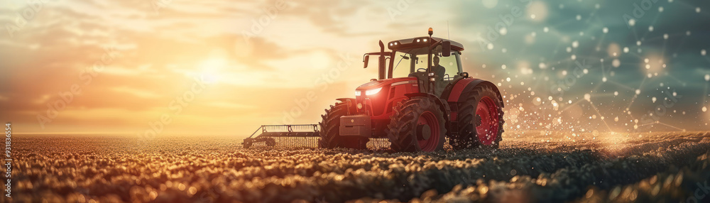 Fototapeta premium Automated tractor sowing seeds in a sunset field