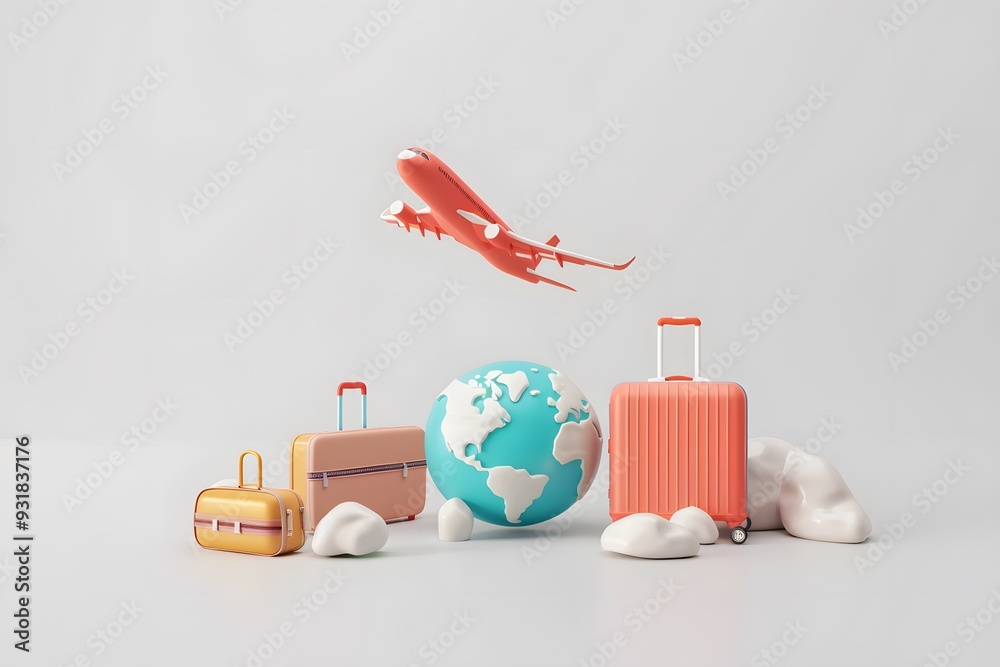 3d render of travel concept with suitcases, globe and plane flying around it on white background. Travel poster design template for vacation advertising banner, 3d render of travel concept with suitcases, globe and plane flying around it on white background. Travel poster design template for vacation advertising banner,