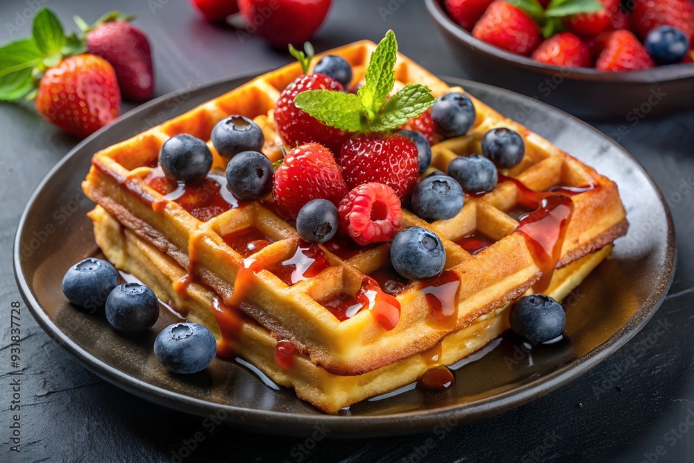Photo of Waffles Topped with Fresh Berries and Drizzled with Maple Syrup on a Black Plate, Showcasing a Delicious and Appetizing Breakfast Delight Photo of Waffles Topped with Fresh Berries and Drizzled with Maple Syrup on a Black Plate, Showcasing a Delicious and Appetizing Breakfast Delight