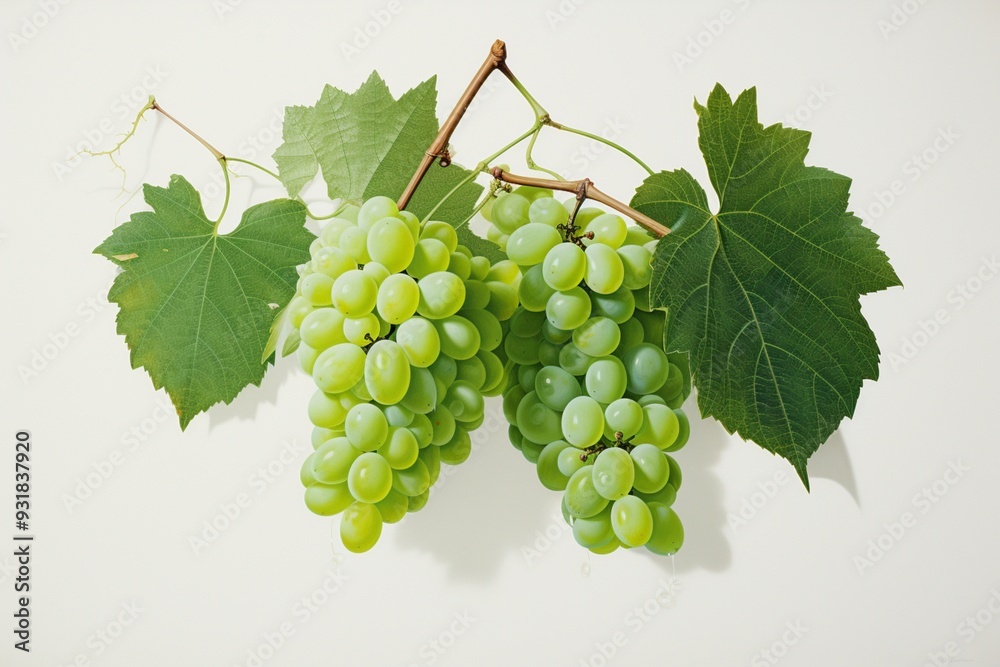 Obraz premium Bunch fresh green grapes their leaves picture