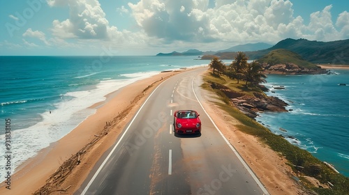 Red car driving in panoramic road landscape by the beach Highway panorama on ocean beach its nice to drive on the beach side highway Road view on the coast on way to summer vacation : Generative AI photo