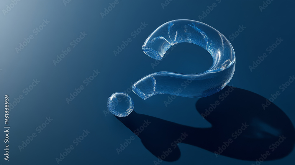 3D rendering of a large, blue transparent glass question mark highlighted by a spotlight, casting a long shadow against a dark blue background. 3D rendering of a large, blue transparent glass question mark highlighted by a spotlight, casting a long shadow against a dark blue background.