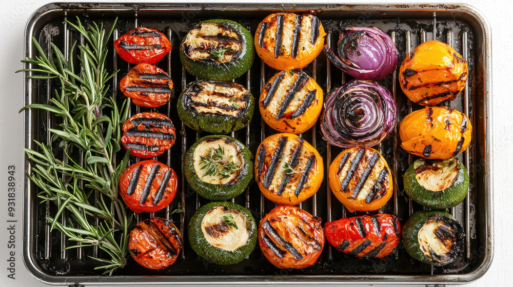 Top view of grilled vegetables, including peppers, zucchini, and onions, placed on a grill tray with fresh rosemary sprigs. Top view of grilled vegetables, including peppers, zucchini, and onions, placed on a grill tray with fresh rosemary sprigs.