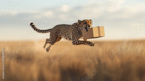 Running cheetah carrying a carton box parcel in its mouth, logistics and fast delivery concept