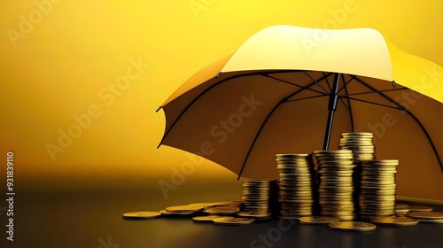 Wallpaper Mural Yellow Umbrella Cover, Dark Gray Floor, Coin Stack, Vibrant Background, Financial Protection Concept, Store Security, Low Perspective, High Detail Torontodigital.ca