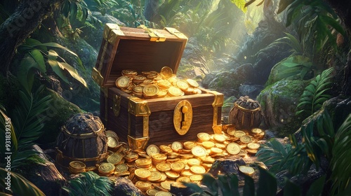 A wooden treasure chest spills gold coins onto a lush jungle floor surrounded by vibrant foliage and sunlight filtering through the trees photo