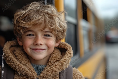 Happy smiling kid standing in the school bus door, cheerful boy wearing backpack entering vehicle