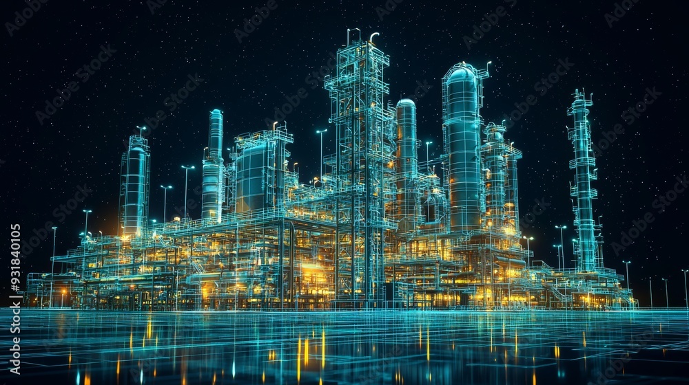Fototapeta premium Futuristic digital refinery plant with neon lights at night