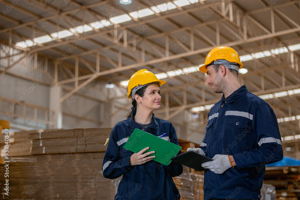 Paper warehouse worker holding clipboard and tablet checking inspecting quality cardboard corrugated carton in storage. Large industry in paper product line manufacturing. Paper warehouse worker holding clipboard and tablet checking inspecting quality cardboard corrugated carton in storage. Large industry in paper product line manufacturing.