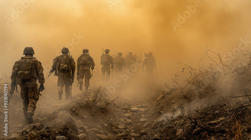 Soldiers advance through smoke on a battlefield