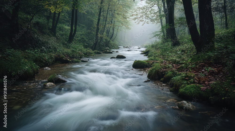 Obraz premium Flowing River Through a Misty Forest