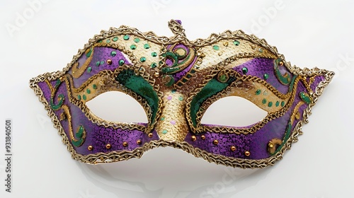 Gold purple and green glittery Mardi gras mask isolated on white background : Generative AI photo