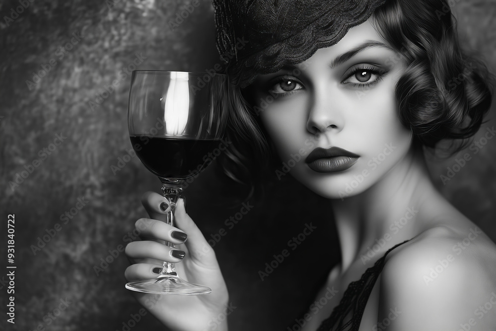 A glamorous flapper girl toasting with a wine glass in a vintage setting A glamorous flapper girl toasting with a wine glass in a vintage setting