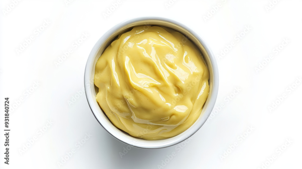 Top view of a bowl of mustard sauce, isolated on a white background. Yellow mustard sauce in a bowl, viewed from above. Top view of a bowl of mustard sauce, isolated on a white background. Yellow mustard sauce in a bowl, viewed from above.