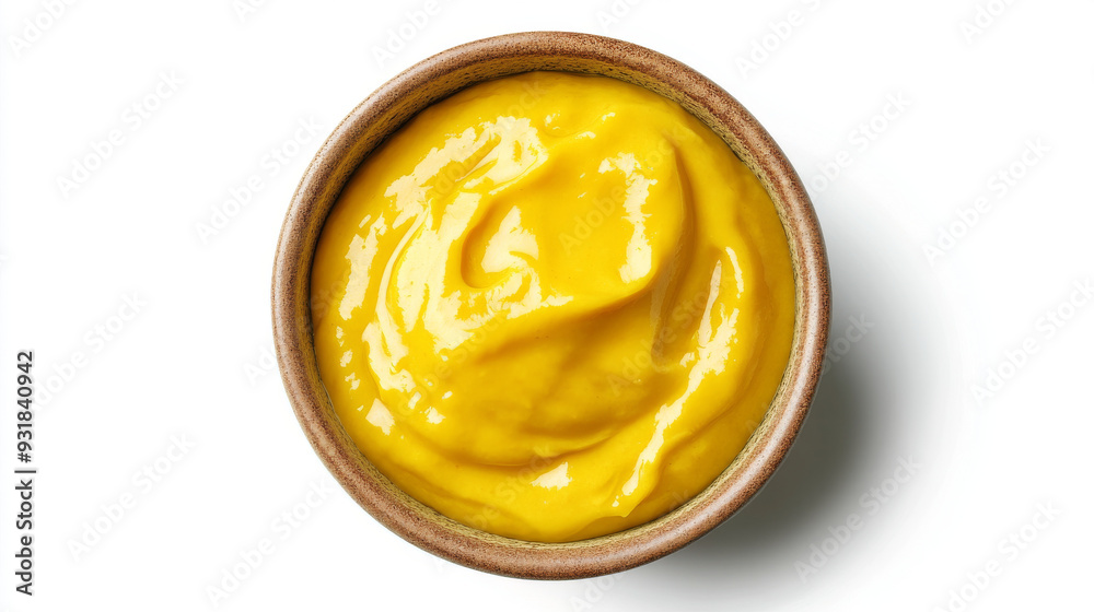 Top view of a bowl of mustard sauce, isolated on a white background. Yellow mustard sauce in a bowl, viewed from above. Top view of a bowl of mustard sauce, isolated on a white background. Yellow mustard sauce in a bowl, viewed from above.