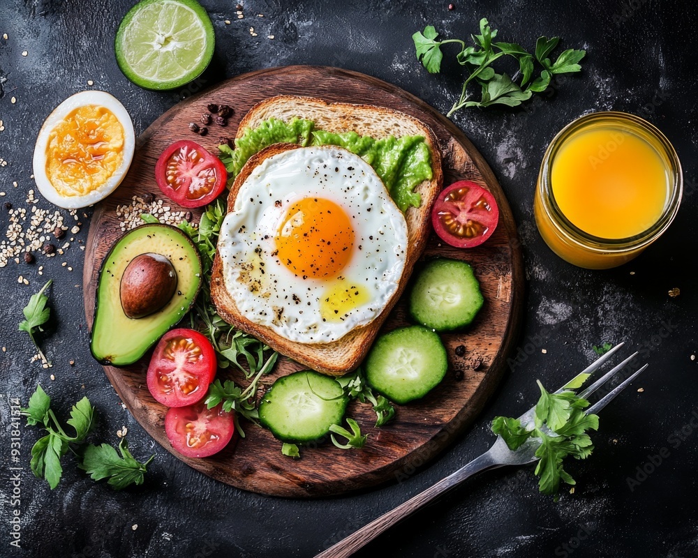 Healthy Breakfast with Fried Egg Avocado Toast Cucumber Tomato and Orange Juice Healthy Breakfast with Fried Egg Avocado Toast Cucumber Tomato and Orange Juice