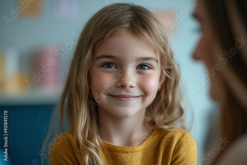 A joyful preschooler engages in speech therapy activities with a supportive adult in a bright, cheerful learning environment