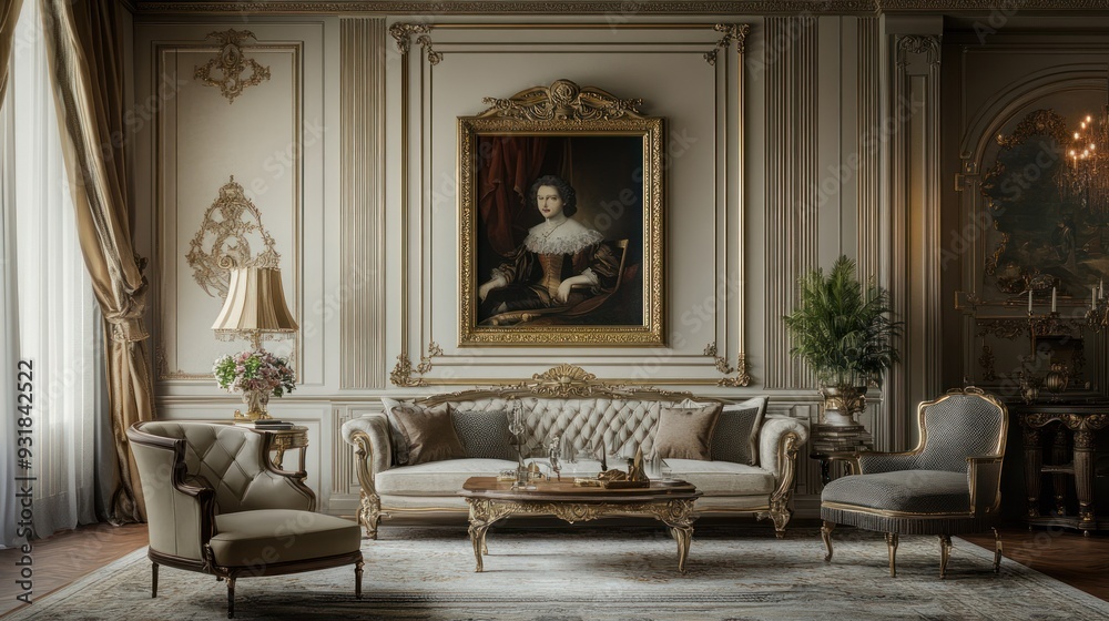 Ornate Living Room with Gold Accents and a Portrait Ornate Living Room with Gold Accents and a Portrait