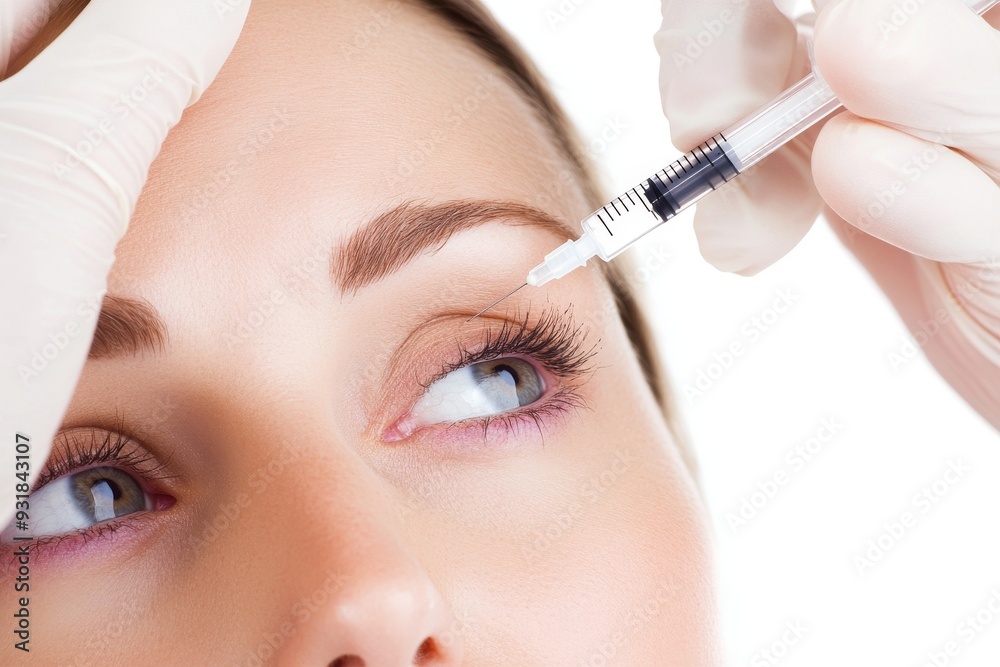 An attractive young woman is having cosmetic injections made between her eyebrows by her beautician for glabella facial rejuvenation. Close-up view An attractive young woman is having cosmetic injections made between her eyebrows by her beautician for glabella facial rejuvenation. Close-up view