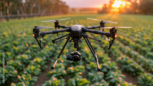 Drones surveying vegetable fields at sunset