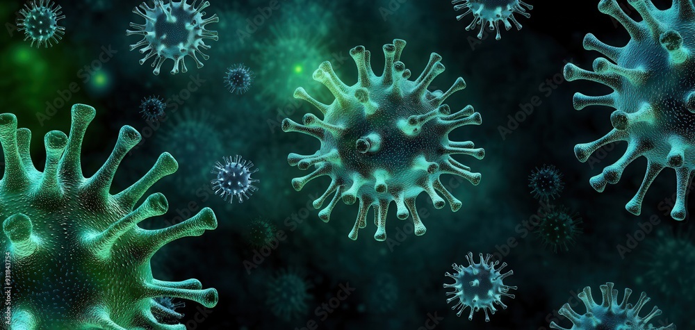 An abstract depiction of microscopic viruses showcasing intricate structures and a dark, moody background, perfect for science themes. An abstract depiction of microscopic viruses showcasing intricate structures and a dark, moody background, perfect for science themes.