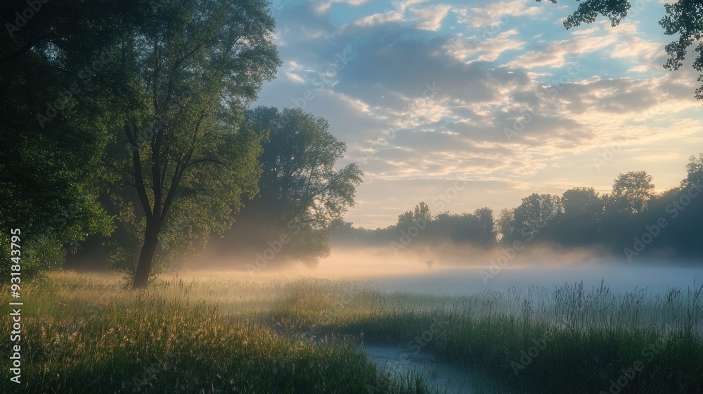 Fototapeta premium Tranquil Foggy River at Sunrise with Lush Green Trees