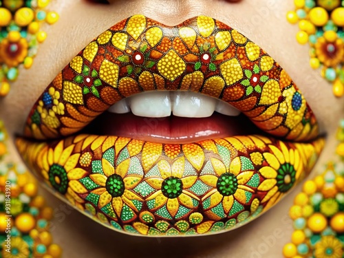 Mosaic Marigold Yellow: Intricate, mosaic-patterned lips with a bright yellow hue, capturing a vibrant and bohemian spirit.
