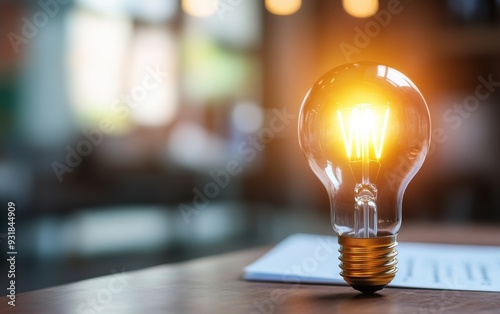 Brightly glowing light bulb placed on a table with blurred background, symbolizing ideas and creativity in a modern setting.