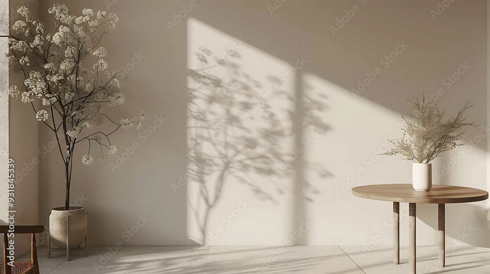 Fototapeta premium A minimalist room with a round wooden table, two potted plants, and a large window letting in natural light, creating beautiful shadows on the wall.