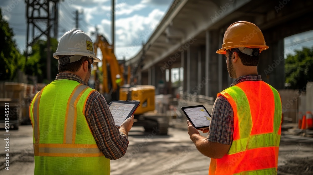 Construction workers inspect project plans using tablets at a construction site with heavy machinery in the background. Construction workers inspect project plans using tablets at a construction site with heavy machinery in the background.