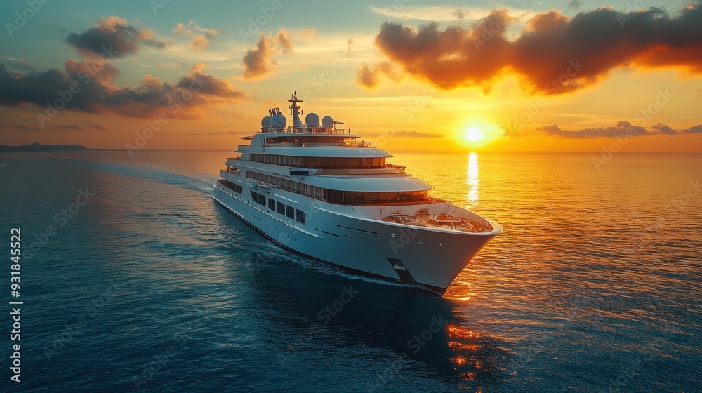 A luxurious yacht sailing at sunset over calm waters. A luxurious yacht sailing at sunset over calm waters.