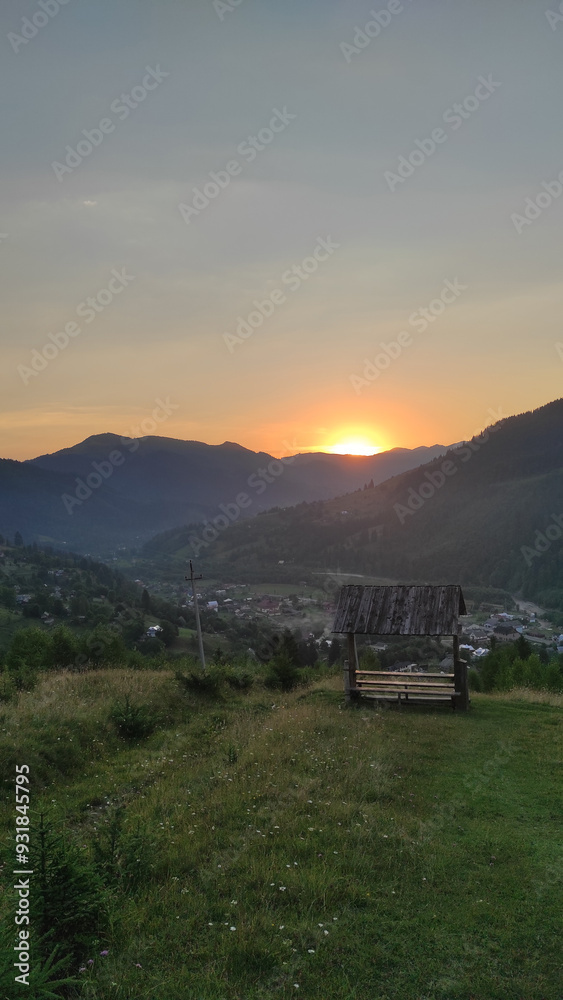 sunset in the mountains, beautiful view of mountains and houses at sunset sunset in the mountains, beautiful view of mountains and houses at sunset