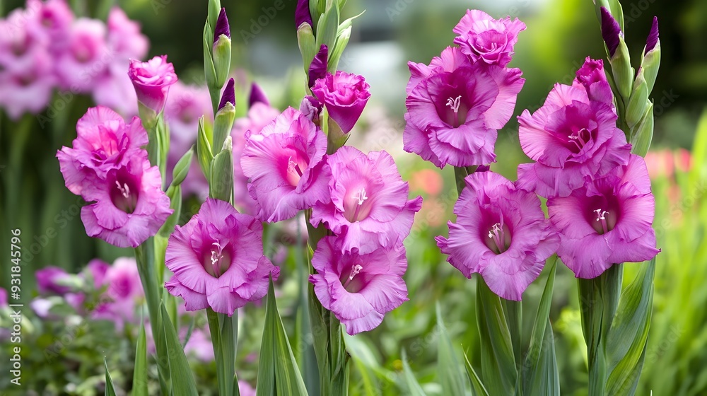 Blooming Pink Gladioli Flowers in a Lush Garden Blooming Pink Gladioli Flowers in a Lush Garden