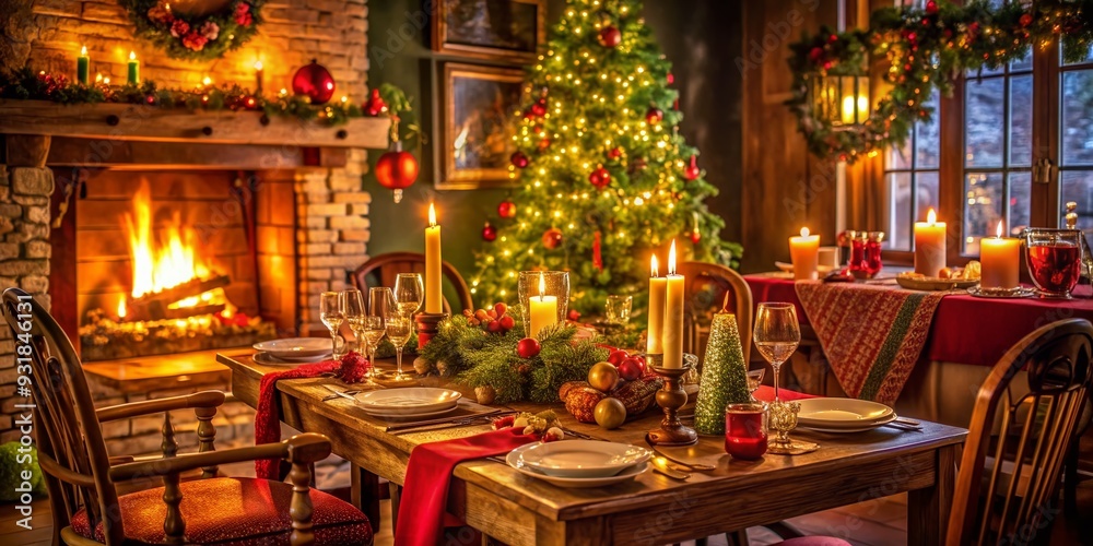Nostalgic Festive Dining: Christmas-themed dinner scene with warm lighting, cozy atmosphere, and traditional festive elements in vibrant colors. Nostalgic Festive Dining: Christmas-themed dinner scene with warm lighting, cozy atmosphere, and traditional festive elements in vibrant colors.