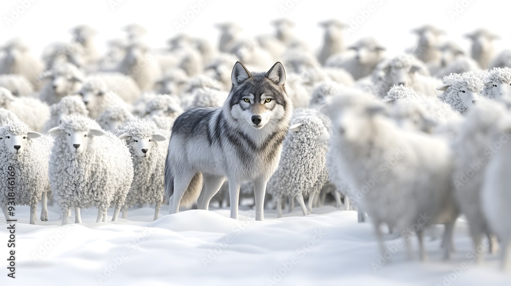 Lone Wolf Gazing at Sheep Flock in Snowy Winter Landscape Lone Wolf Gazing at Sheep Flock in Snowy Winter Landscape